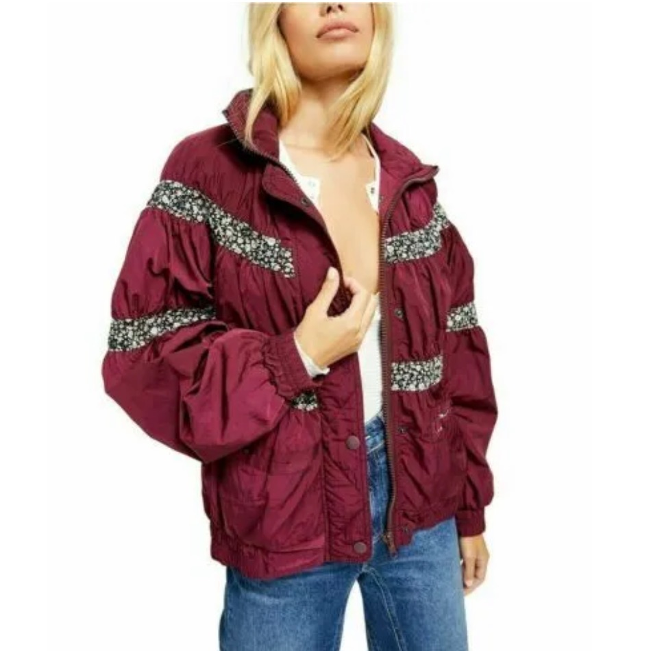 Nwt Free People Burgundy Floral Stripe Oversized Bomber Jacket Size Xs